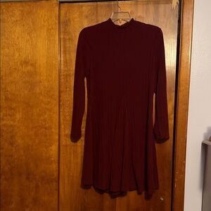 Long Sleeve Ribbed Swing Dress - Deep Burgundy